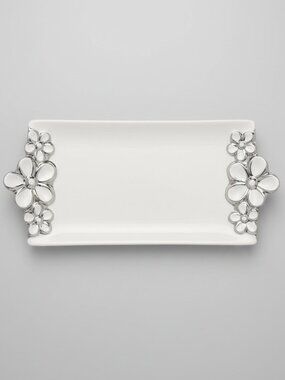Verdici Design White Ceramic Floral Tray | Silver Platinum Detail | Vanity Décor